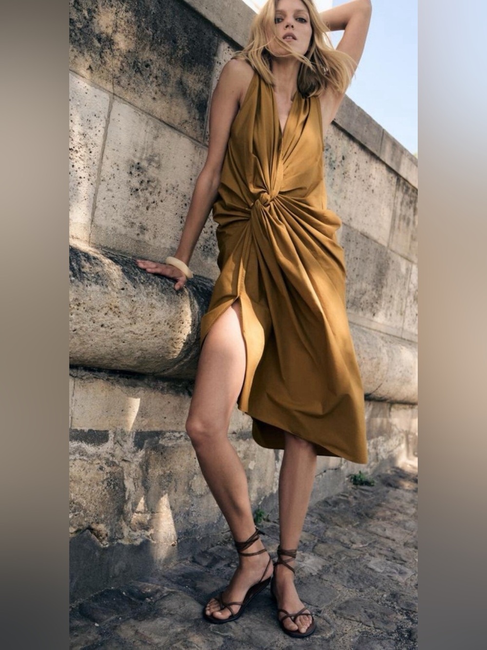 Zara Knot-Front Mustard Midi Dress